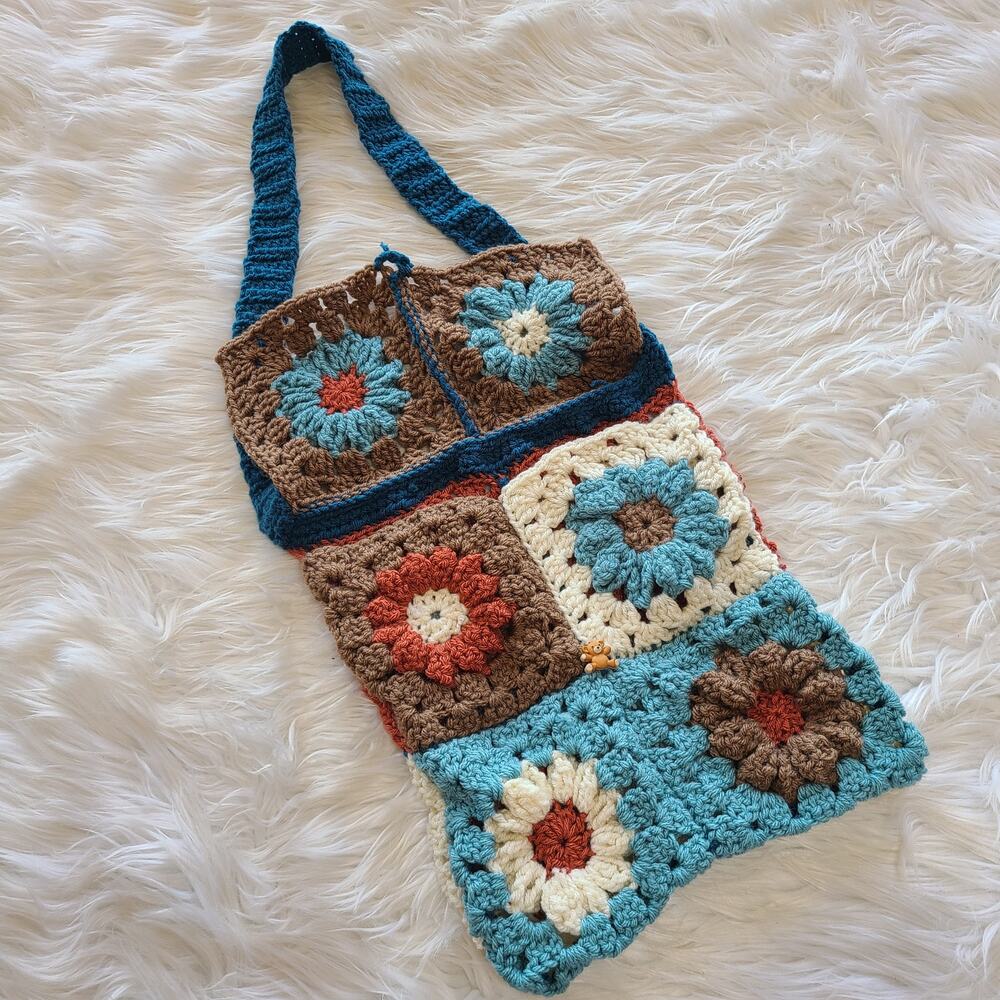 Vintage Crochet Floral Purse Bag Handmade Cottagecore Boho 90's Granny Square - Picture 3 of 4